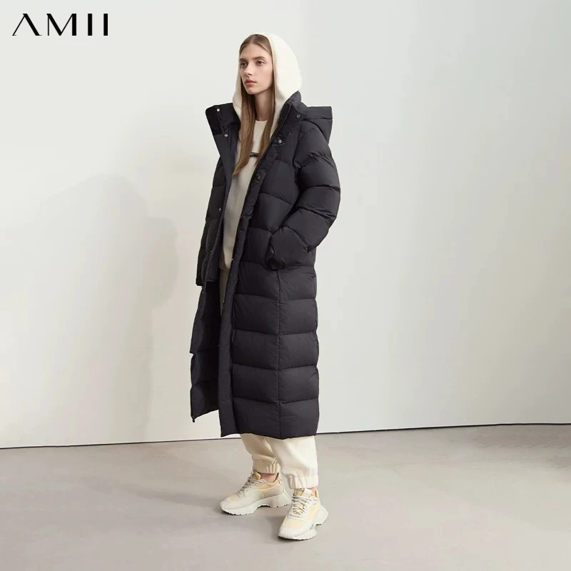 Amii Minimalist Down Coat Woman Removable Hat Letter Printing 2026 Winter New Long Down Jacket Warm Loose Zipper Coats 12444049