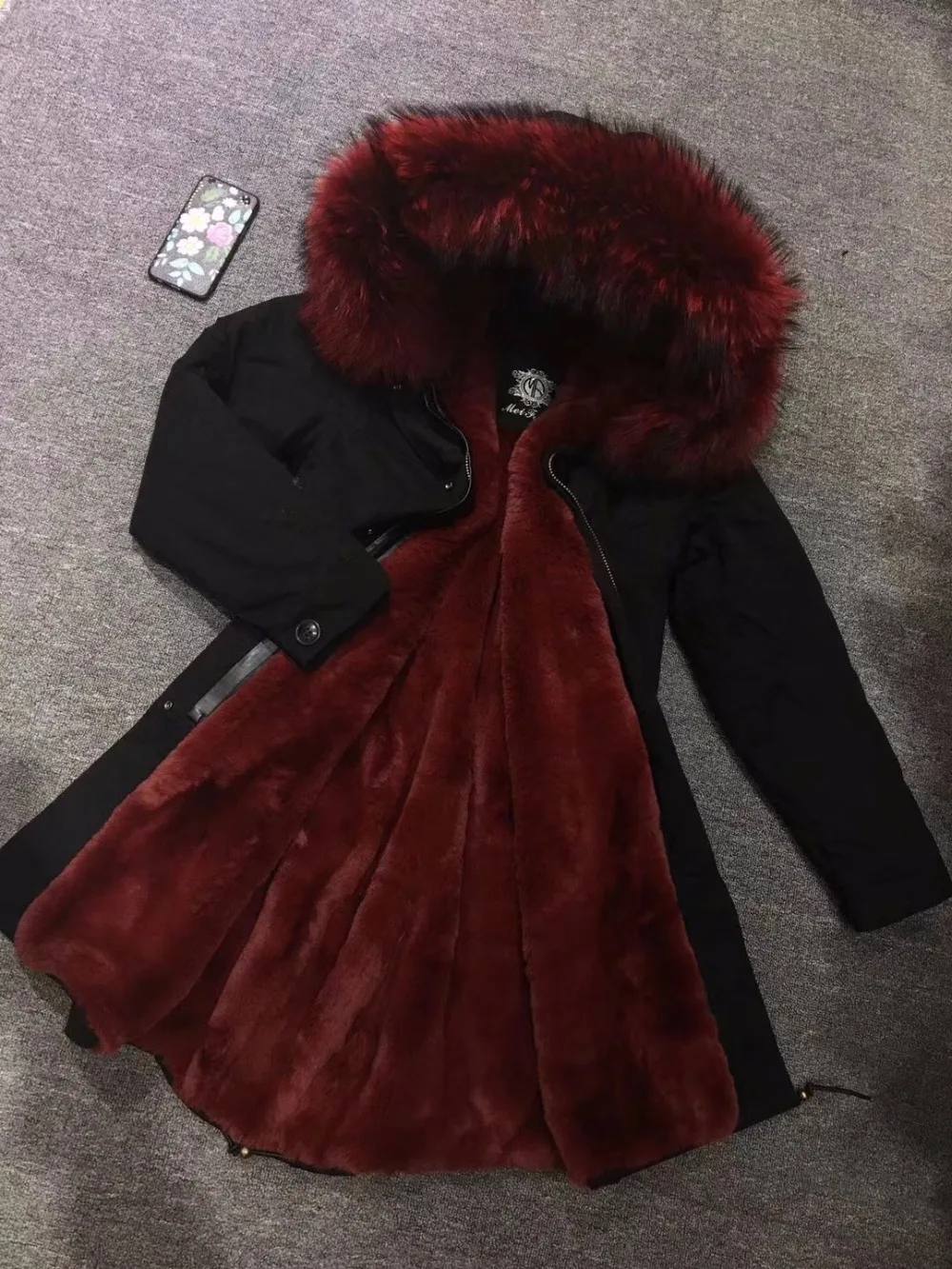 Long Black Cotton Shell Male Winter Casual Wear Thickness Burgundy Faux Fur Lined Overcoat