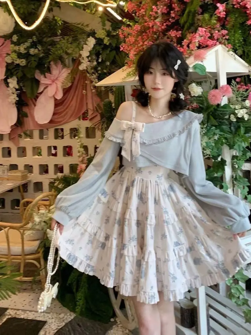 Sweet Japanese Sle Two-Piece Set Blue oulder Wrap Strap Dr ort Length Autumn Winter Faion for Soft Girls