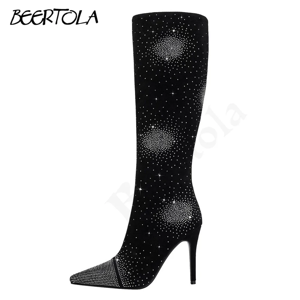 

Pointed Toe Sparkling Rhinestone Boots Black Suede Stiletto Side Zipper Knee-High Boots Fashionable Large Size Women's Boots