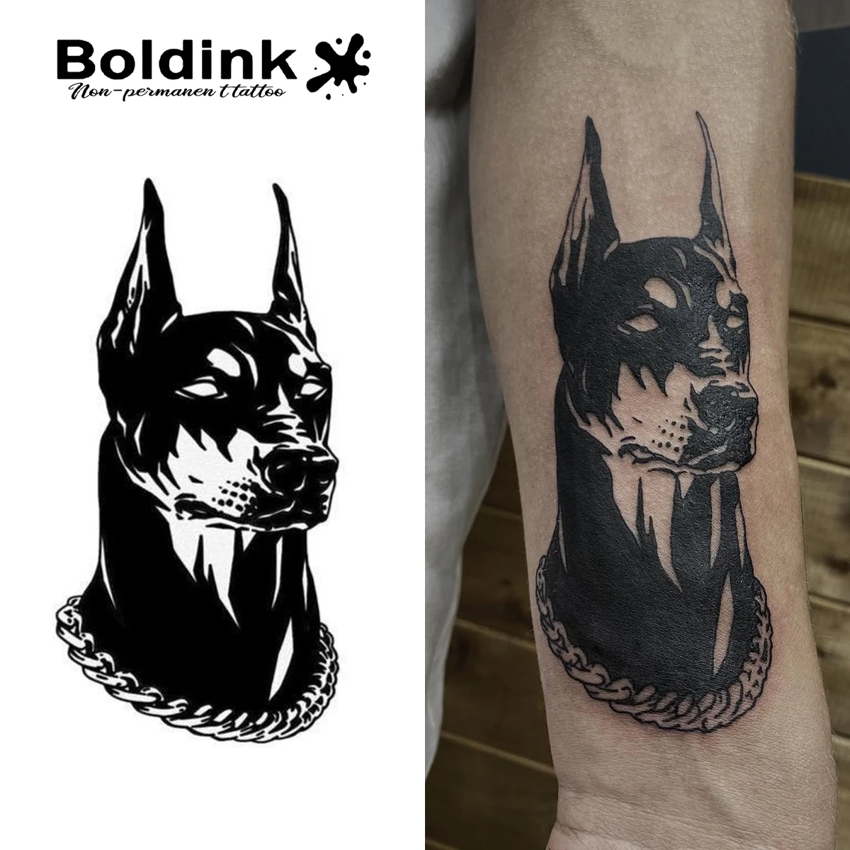 

Cool Chain Doberman Temporary Tattoo,Lasts To 15 Days New Technology Magic Waterproof Semi Permanent Sticker.