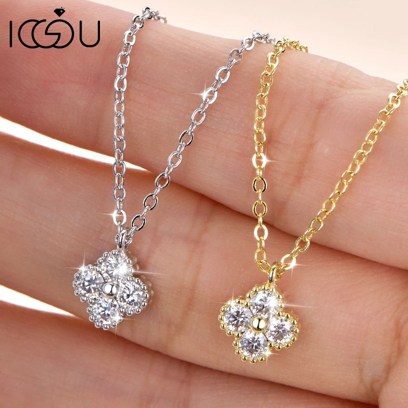 IOGOU Exquisite vierblättrige Kleeblatt-Moissanit-Halskette für Damen, 3 mm, D-Farbe, VVS1, Laborimitation, Diamant-Halskette, Geburtstagsschmuck