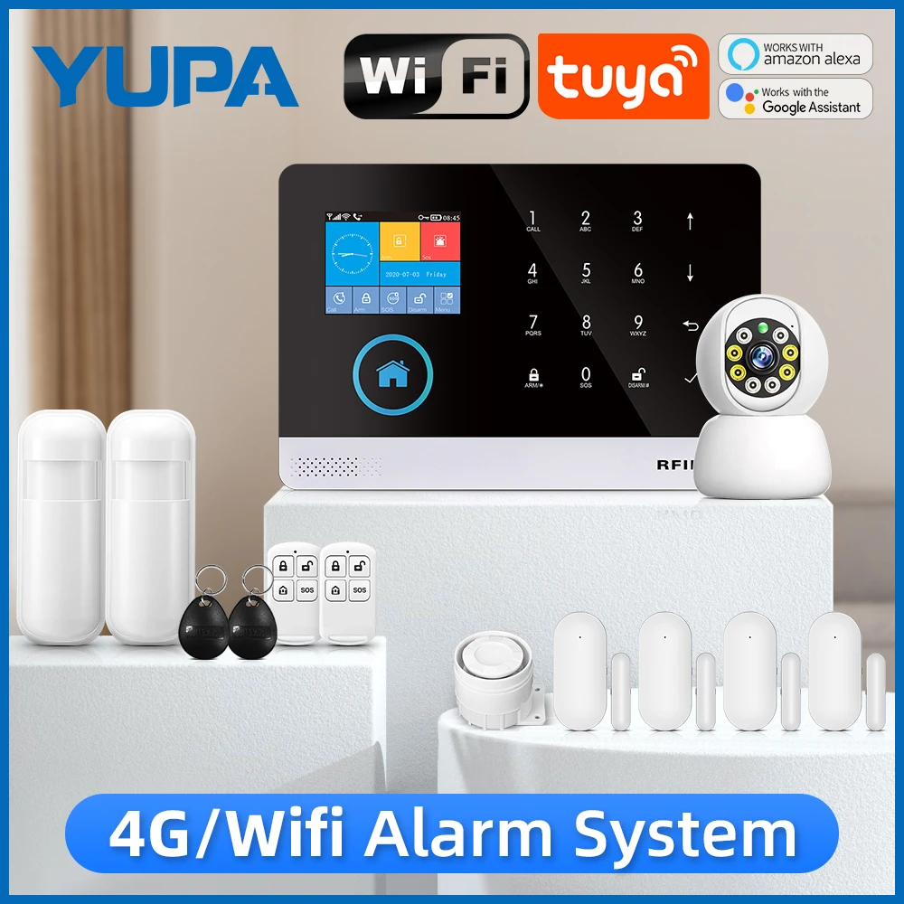 Sistema de alarme wi-fi 4g, controle por aplicativo tuya smart life para alarme de segurança doméstica, sensor pir, kit de casa inteligente, painel