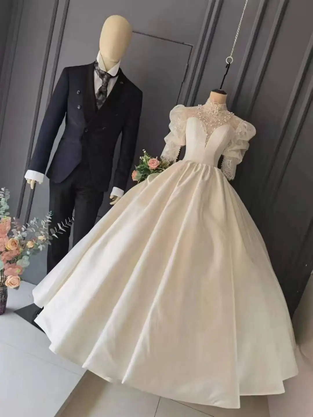 Женское атласное свадебное платье CloverBridal, с рукавом 3/4 и высоким воротником, модель WW8281, 2022