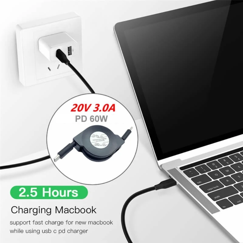 Retractable PD 2 in 1 60W USB C to USB C Data Cable Notebook Fast Charging Cord Compatible with Type C Phone Switch Tablets