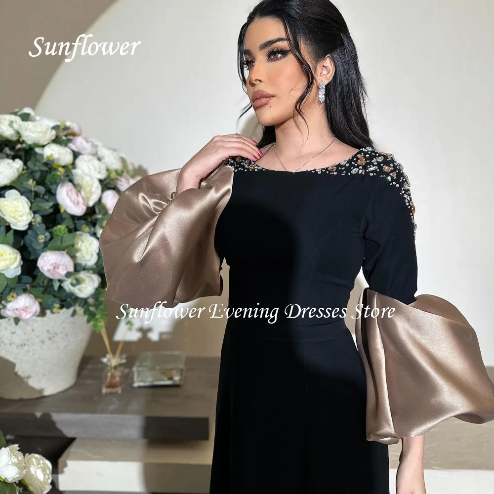 Sunflower Black Beading O-Neck Crepe Mermaid Evening Dress Saudi Arabia 2024 Slim Satin Long Sleeve Floor-Length Prom Dress