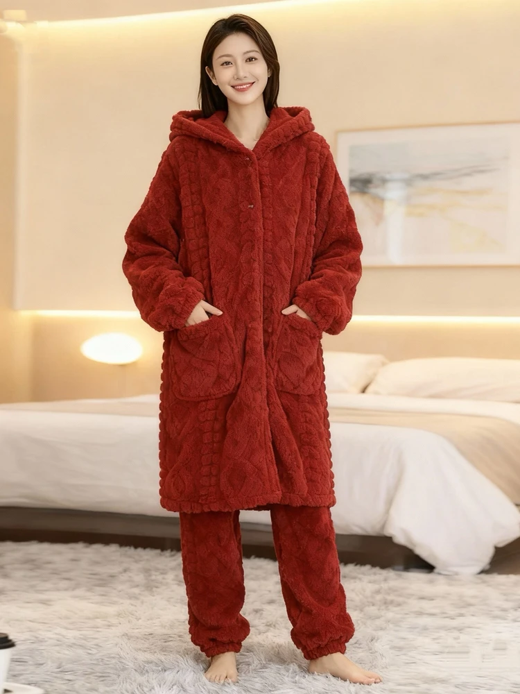 plus Size Winter Women's Fleece Lined Thickened Hooded Sleepwear Set Home Clothes Long Mid-Length Robe Coral Velvet Fabric