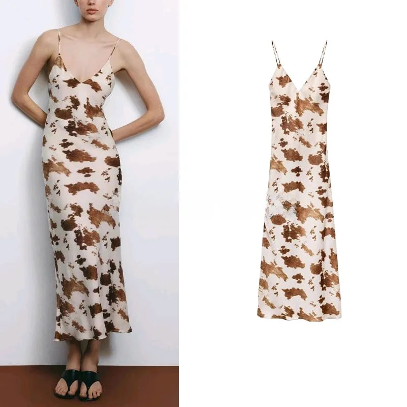 Lente Nieuwe Collectie Zijde Satijn V-ne Midi Dr vrouwen Faion Avondjurk Hoge Taille Strapl Lange Rok Pendelen Sle