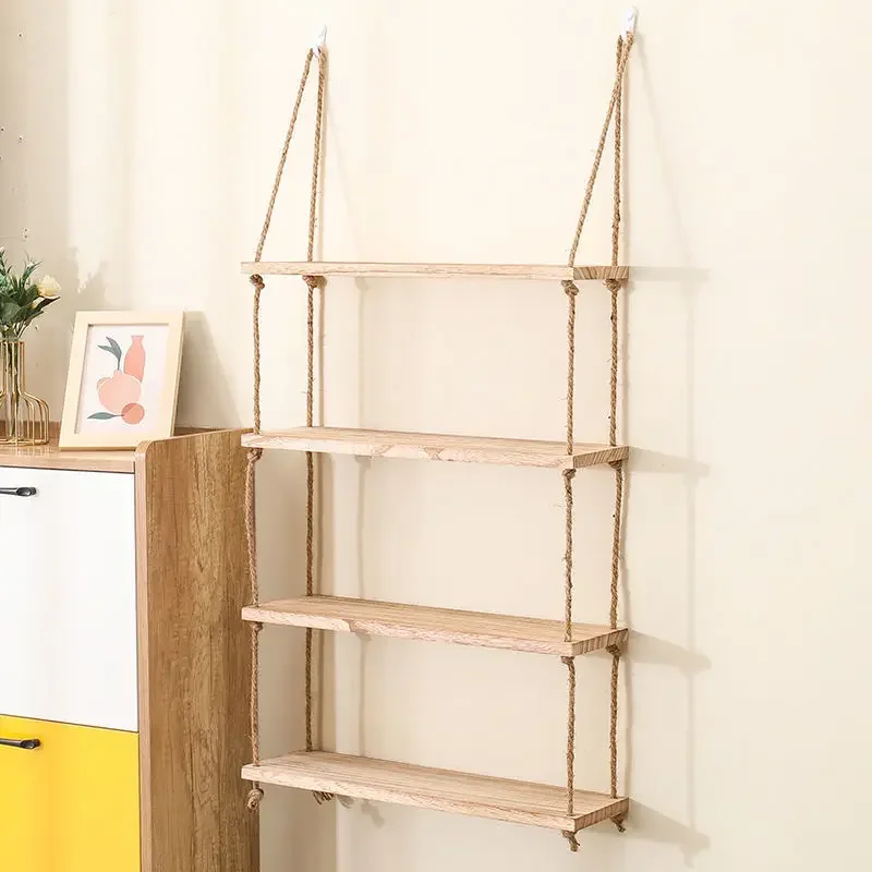 Wall Shelf Decoration Wall Mounted Wooden Shelves For Bedroom Plant Flower Wood Swing Hanging Rope Storage Home Living Room Deco