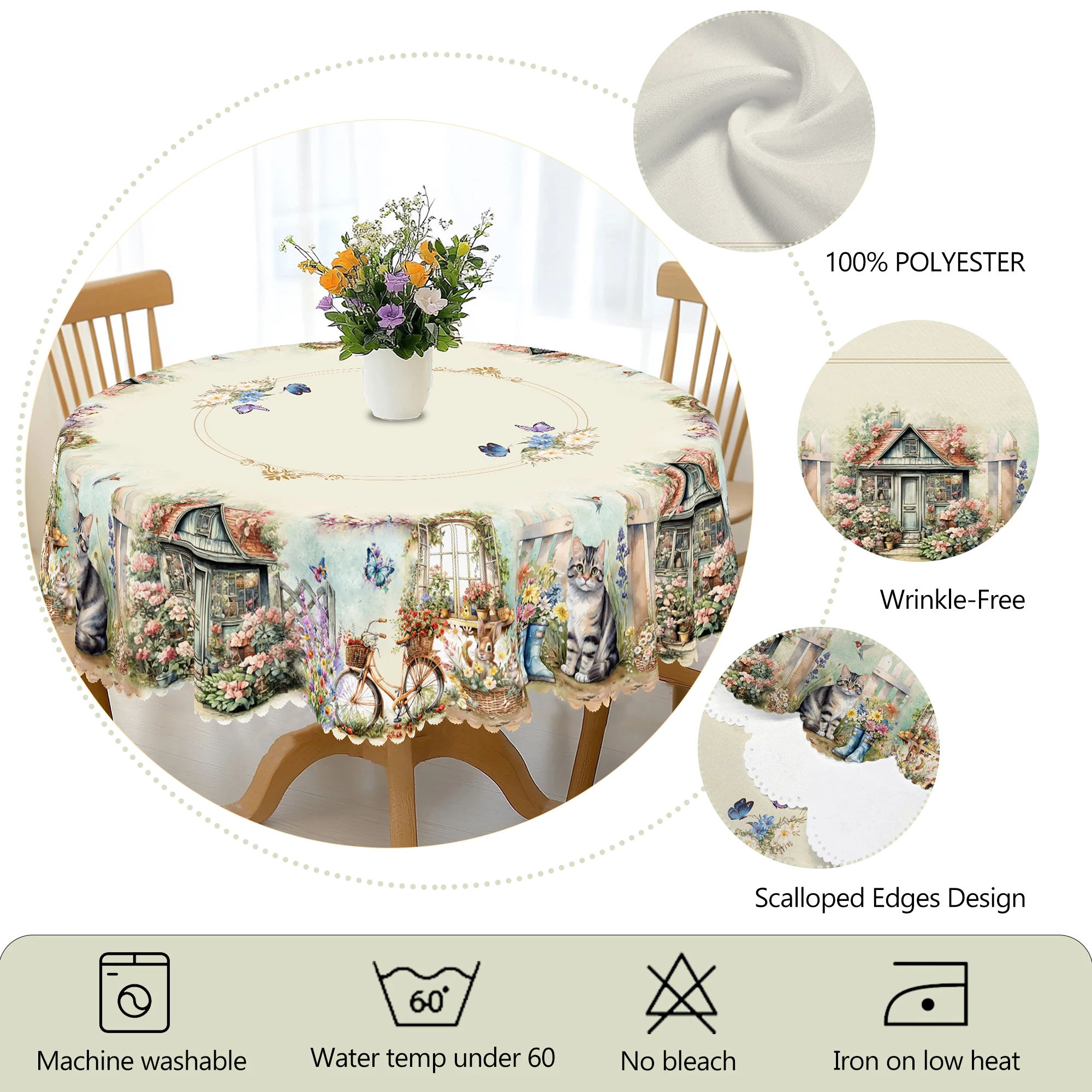 1 pezzo di tovaglie rotonde con stampa floreale in stile pastorale primaverile, 5 dimensioni, fiori, farfalle, conigli, tovaglie rettangolari con motivo stampa gatto, festival, tovaglie da cucina per la casa, uso interno ed esterno, decorazioni per la casa