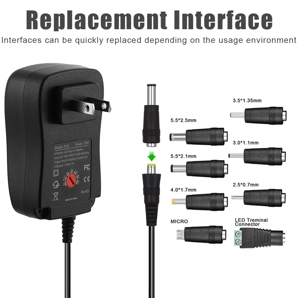 Power Adapter Universal Adjustable Voltage Power Supply AC/DC Adapter EU/US/AU /UK  Plug Charger 8Tip 30W image 3