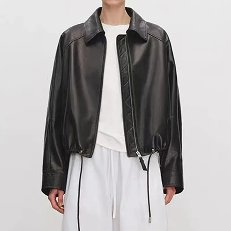 本革の服女性ラペル巾着シルエットショートコート女性本物のシープスキンバルーンジャケットボンバーファム