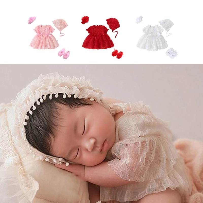 Baby Photo Clothing Princess Dress & Bonnet Shoes Newborns Photoshoots Outfit Shower Party Photostudio Accessory Outfit