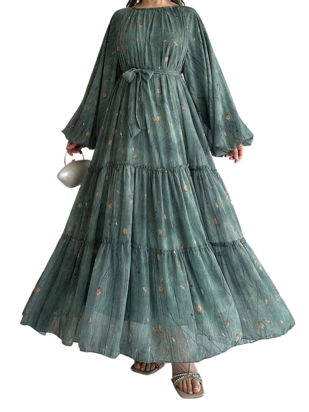 

French Vintage Floral Chiffon Maxi Dress | Elegant Long Lantern Sleeve Boho Vacation Gown