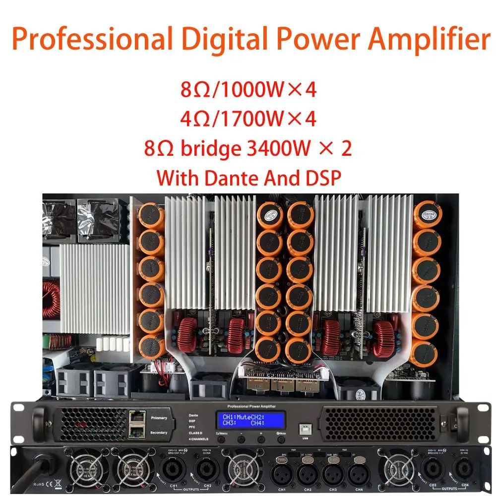 SenMicre DSP4.10P プロフェッショナル DSP デジタル パワー アンプ、Dante プロセッサー付き、4 チャンネル DJ サブウーファー プリアンプ、4x1000W 8 オーム 1U ライン アレイ スピーカー サウンド アンプ、ステージ パフォーマンス