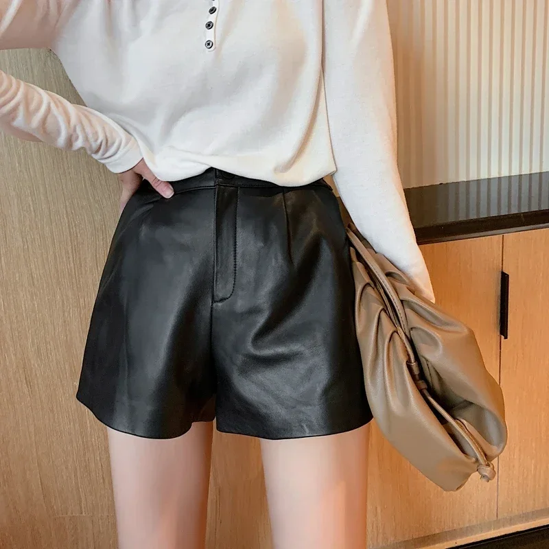 Real Sheepskin Leather Shorts Women 2024 Korean Fashion High Wasit Genuine Leather Shorts for Women Wide Leg Short Ropa Mujer