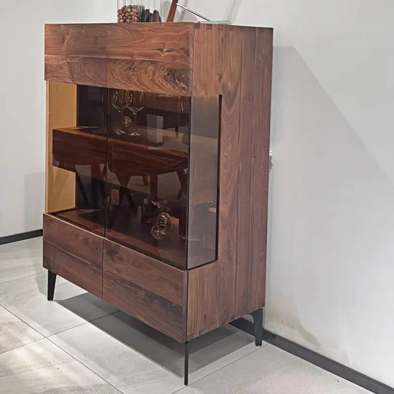 Black walnut glass side cabinet custom ash wood wine cabinet Nordic light luxury solid wood living room combination cabinet oak