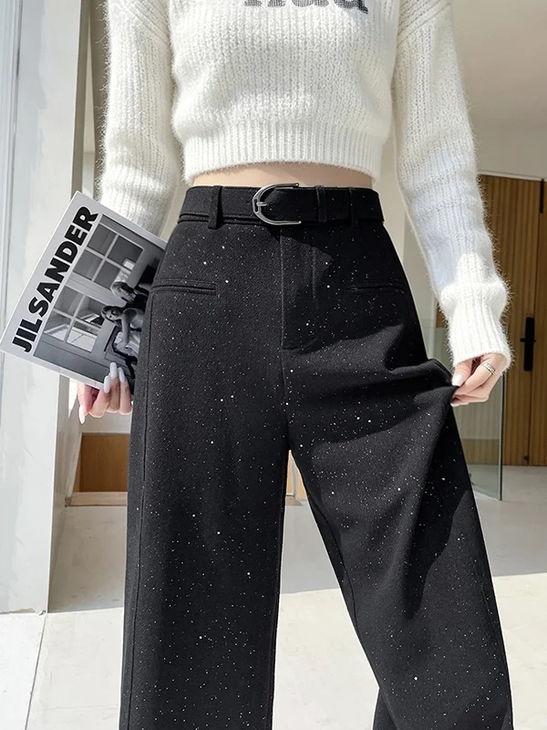 Early Autumn High Waist Glitter Wide Leg Pants Women's Floor Length Slimming Hip Covering Straight Cut Casual Trousers