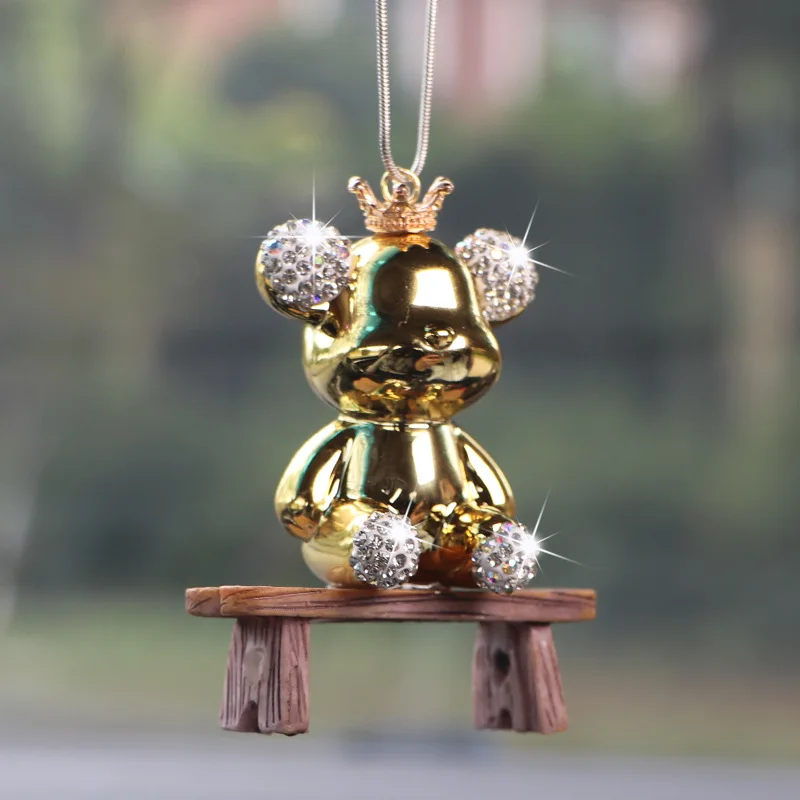 Diamond-encrusted Aggressive Bear Car Pendant Ornament Accessories Creative Cute Vehicle-mounted Rearview Mirror Decoration
