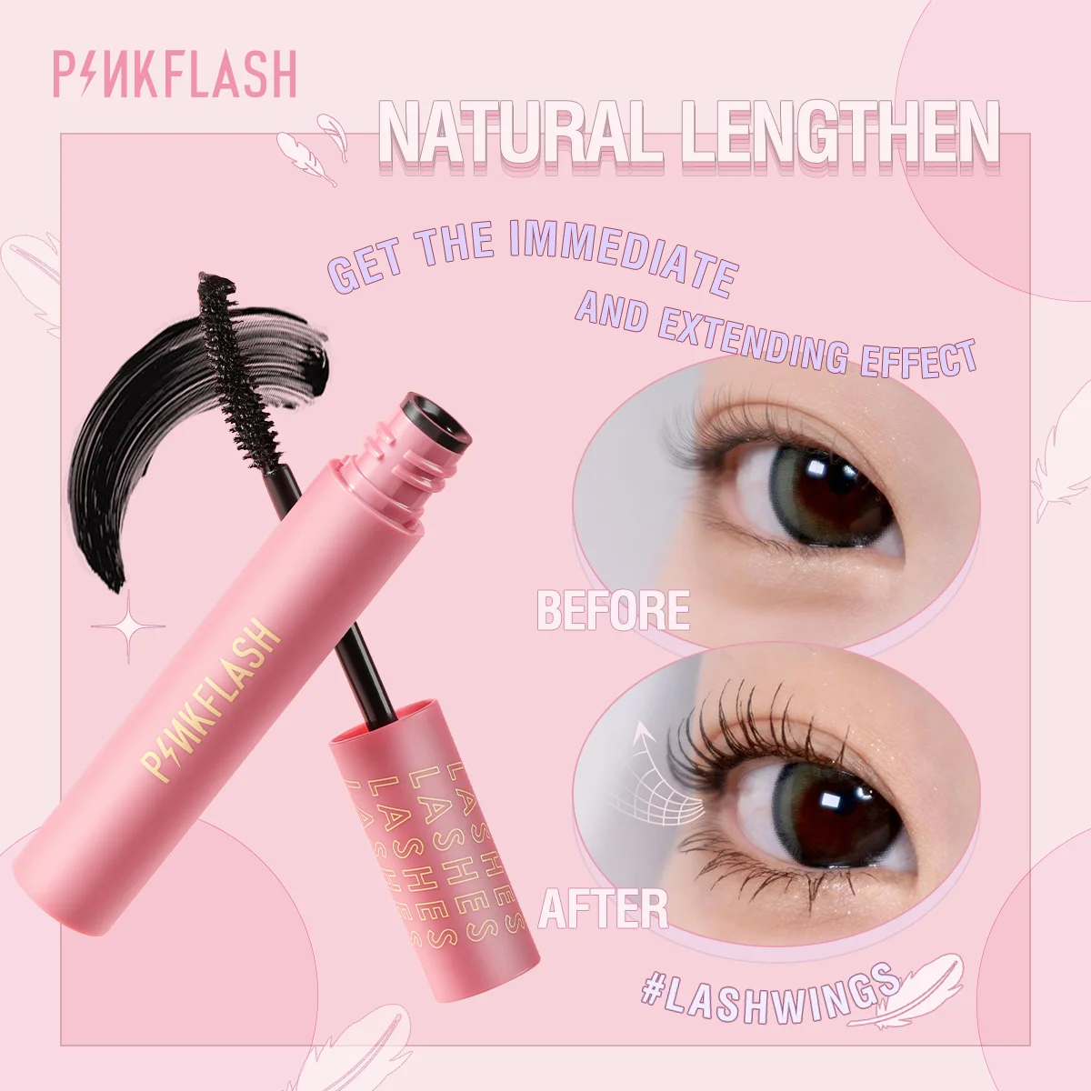 

PINKFLASH Natural Lengthening Black Mascara Waterproof Long-lasting Smudge-proof Non-sticky Eyelash Extension Makeup Cosmetics