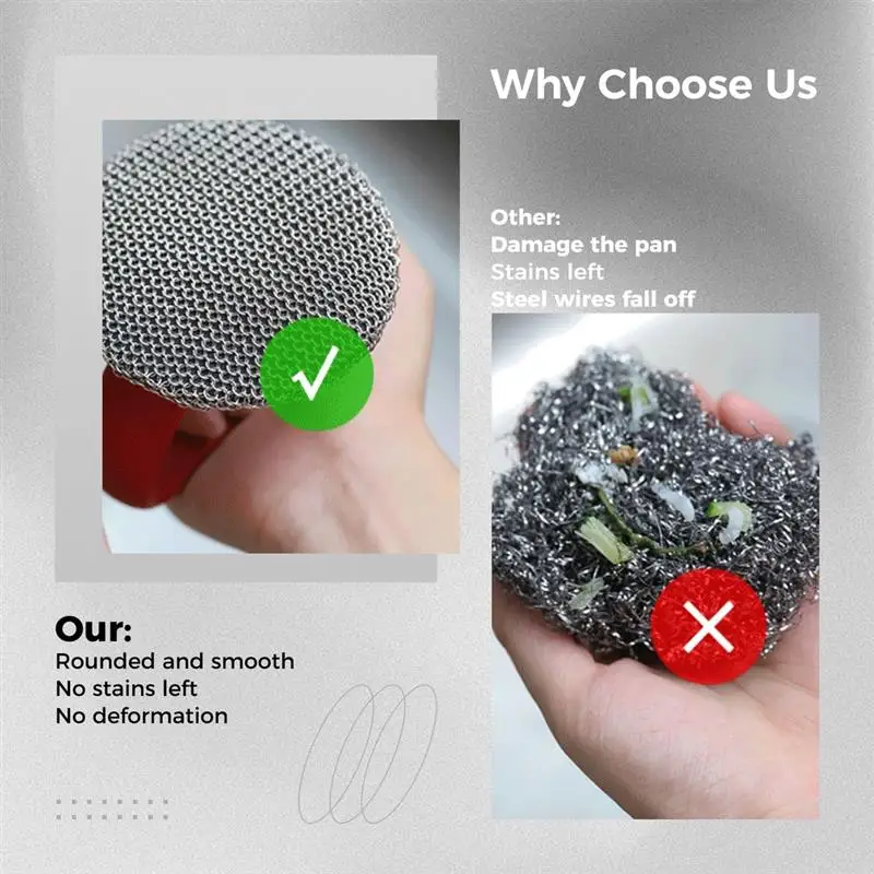 Stainless Steel Scrubber Nonslip Cleaner Scrubber Palm Clean Brush With Handle Steel Scrubber Round Chainmail Scrubber Brush