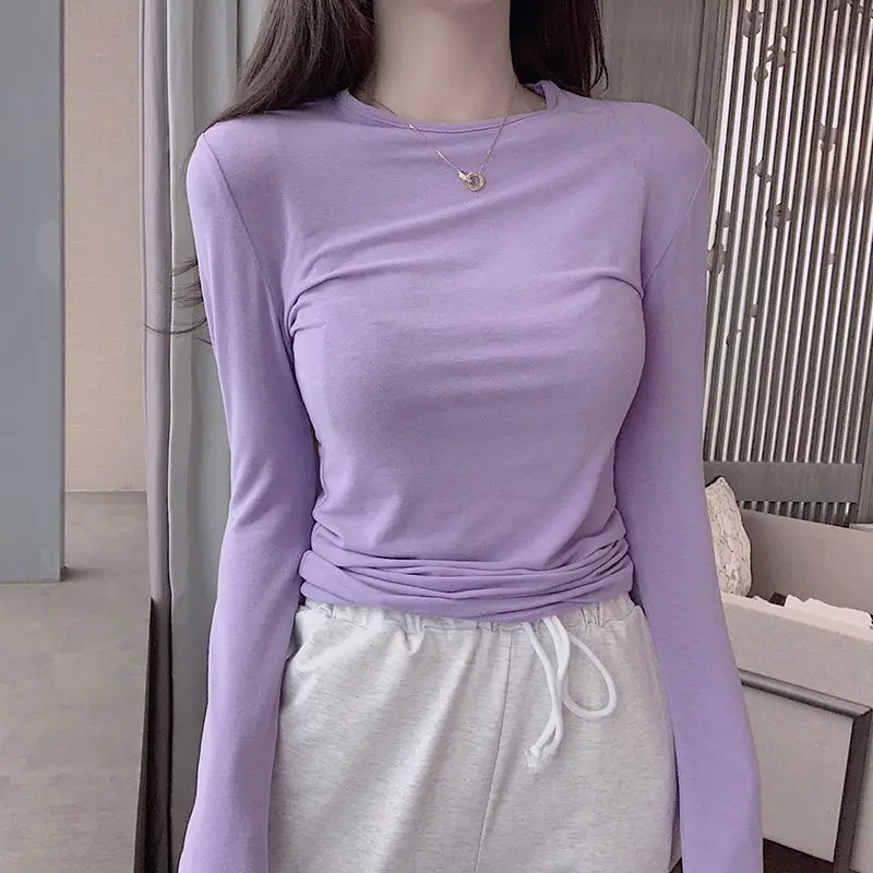 футболка женский Cute Purple Women\'s T-Shirt Ins Long Sleeve T-Shirts For Girls Basic Spring Summer Fashion Woman Blouses 2024