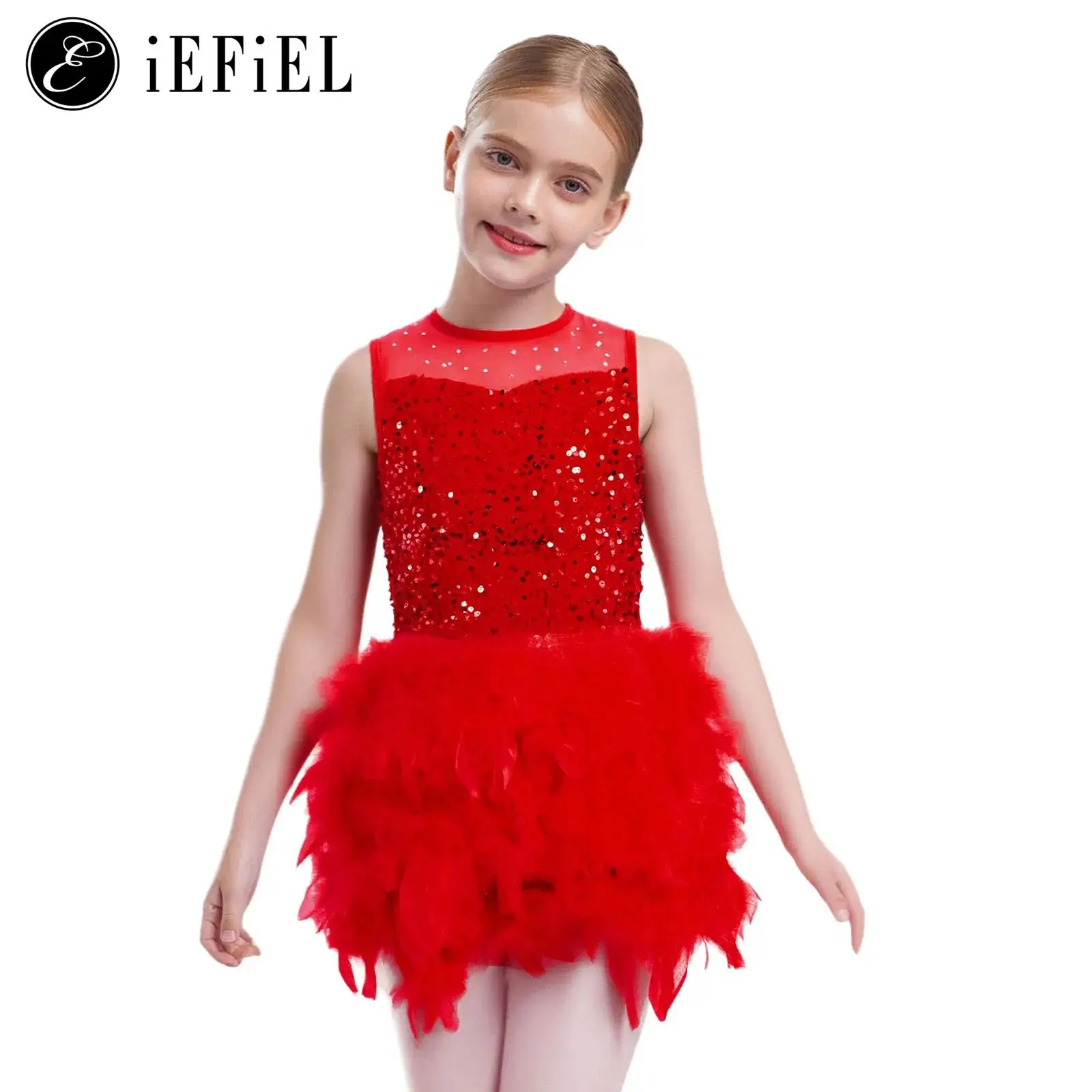 

Girls Jazz Dance Ballet Leotard Dress Performance Costume Sparkly Sequins Bodice Feather Tulle Skirted Velvet Skating Tutu Dress
