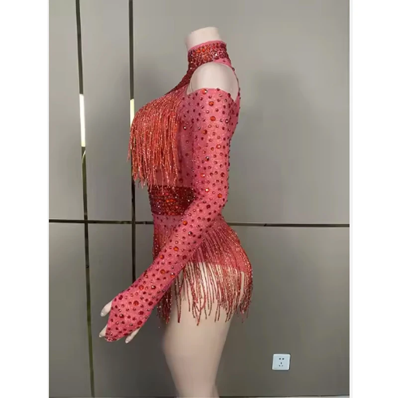 Body Sexy para actuación en escenario para mujer, leotardo de manga larga de LICRA con borlas y diamantes de imitación brillantes para espectáculo de danza Jazz