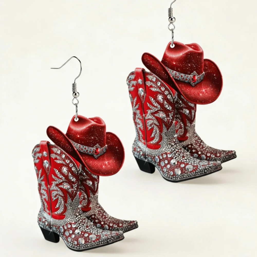 Boho Flat Acrylic Printed 2D Red Cowboy Boot Pendant Earrings for Women Non-Inlaid Printing EffectSuitable for Daily Wear Party