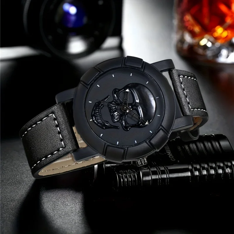 Skull Pattern Multi Display Pointer Round Quartz Watch With PU Leather Strap For Men