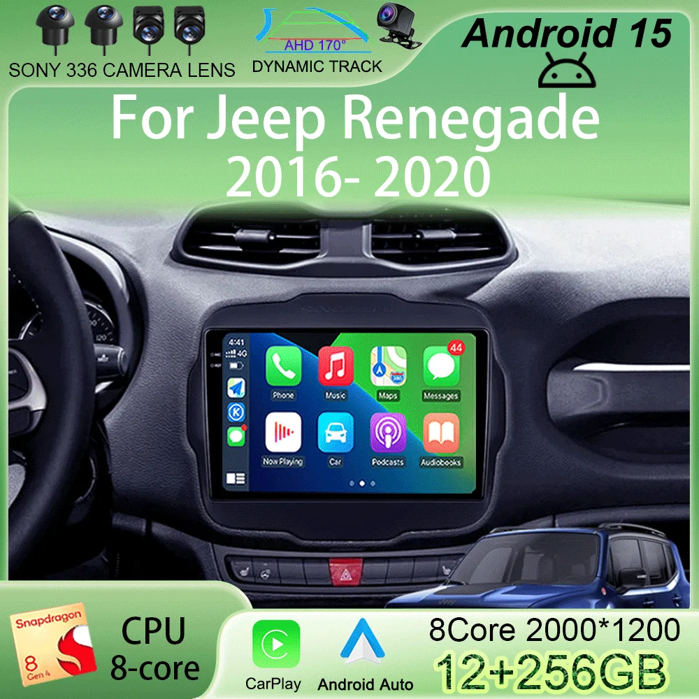 Carplay Auto Radio Android 15 Für Jeep Renegade 2016 2017 2018 2019 2020 Navigation GPS Multimedia Player stereo WiF + 4G 360 Kamera