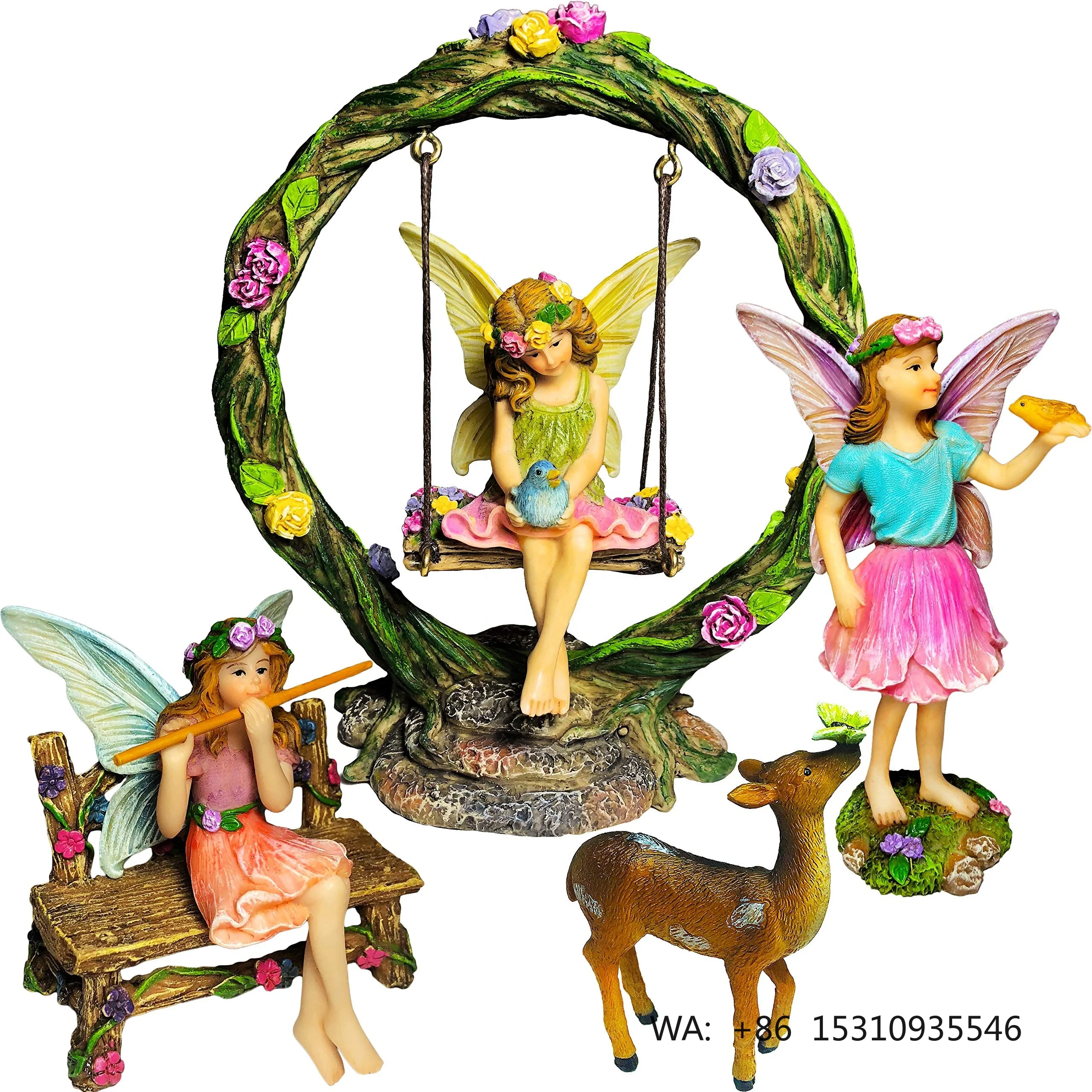 Fairies Playing Harp and Swing Set Fairy Garden Mini Fairy Set of 6pcs Resin Buddhism Eco-Friendly for Home Decoration