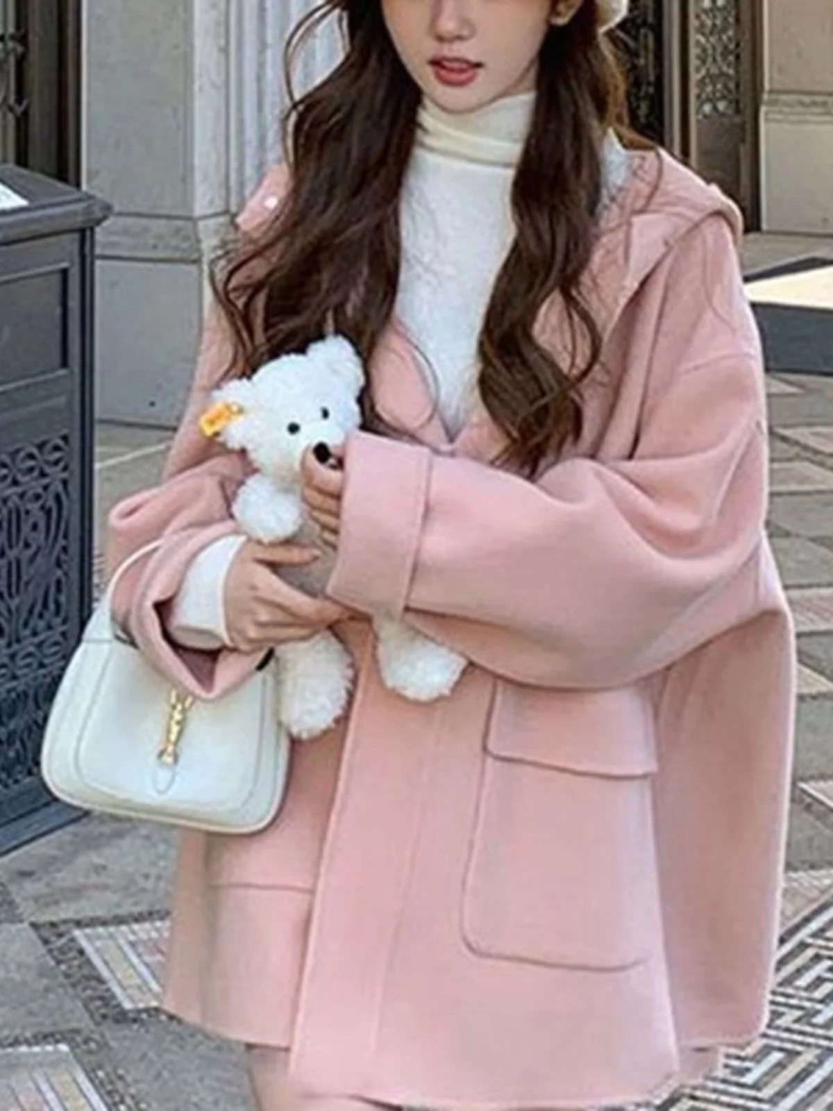 Women's Autumn Winter New Style Plaid Woolen Coat Short Sleeve Long Hooded Jacket Button up Cardigan Sweater Fashionable Pure...