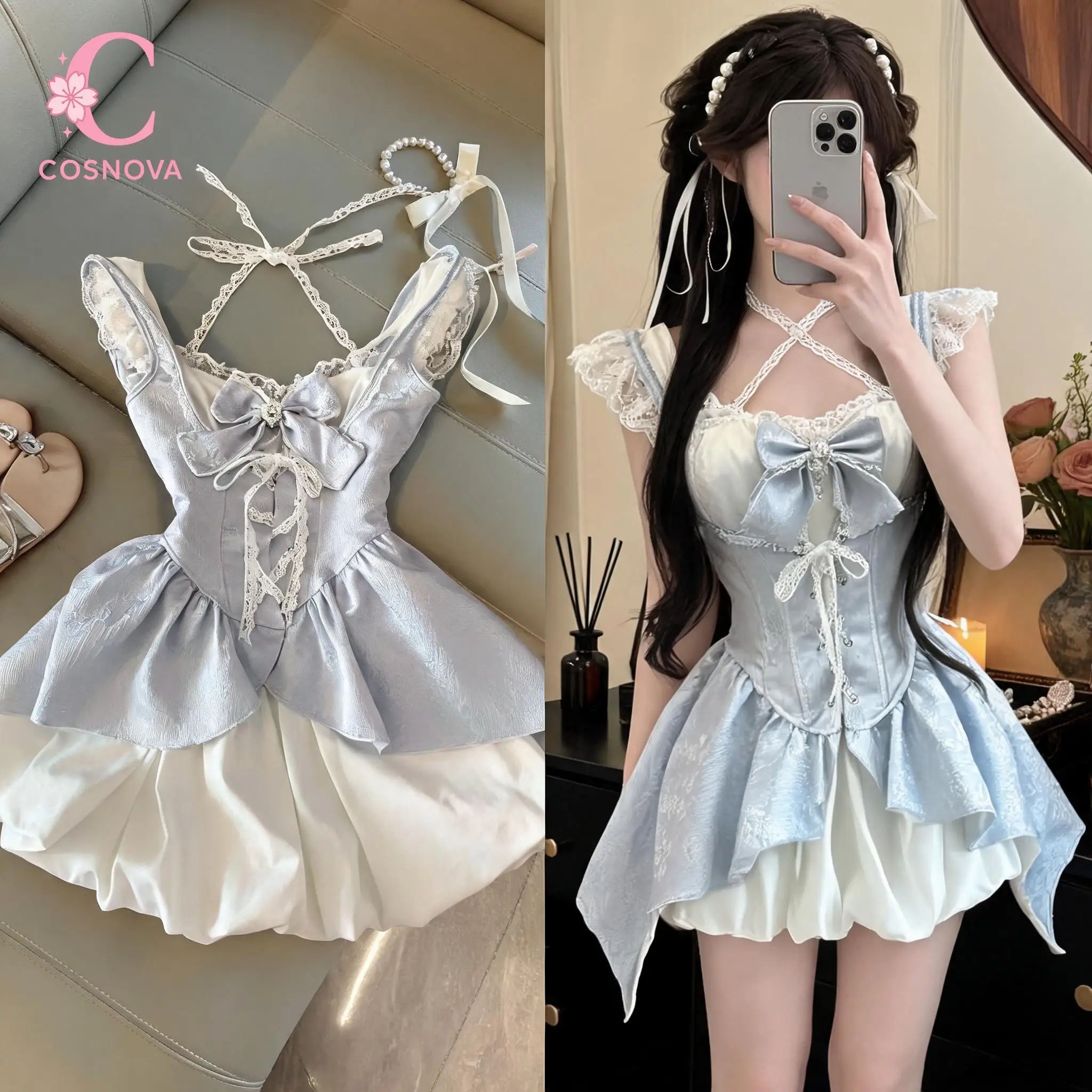 

Sweet Coquette Lace Bow Halter Mini Dress Women Slim Fit Corset Bodycon Elegant Kawaii Party Dress Date Night Casual Outfit 2026