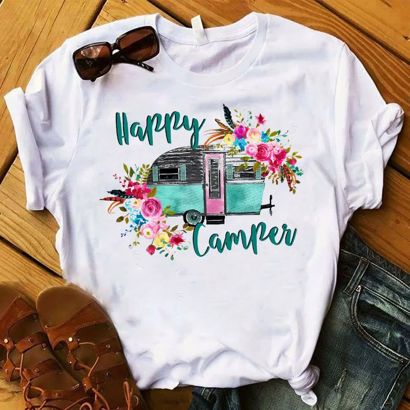 Fashion Women T Plus Size Happy Camper Floral Flower Road Trip Graphic Tee Shirt Femme Top Tshirt Female Ladies Clothes T-shirt