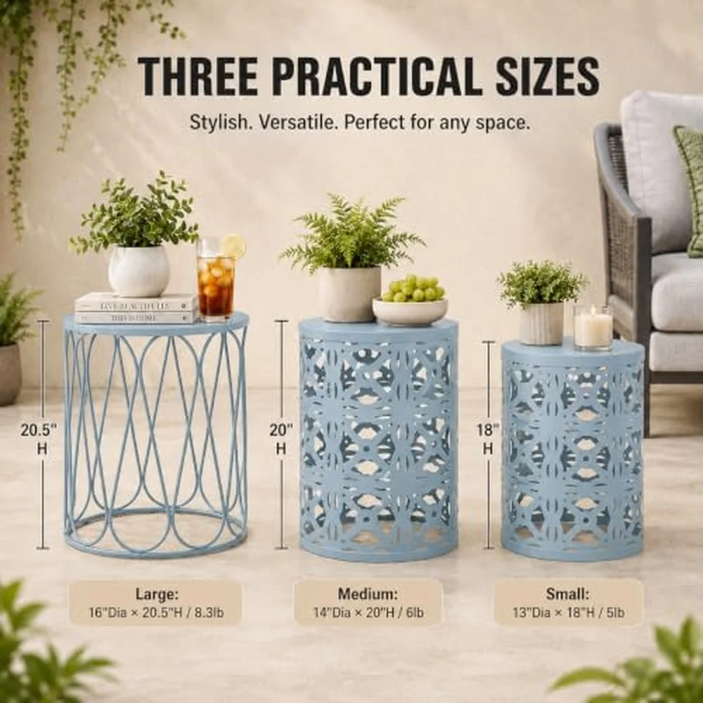 Outdoor Side Tables Set of 3 Metal Stacking Patio Side Tables for Outside Round Indoor End Tables Decorative Garden