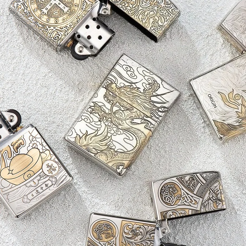 2026 CHIEF/Original Nickel Two-color Series Creative Pure Copper Carved Metal Retro Windproof Lighters Smoking Smoke Accesoires