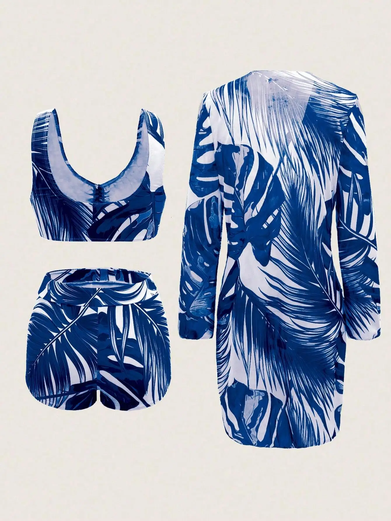 

Women's Tropical Leaf Print Drawstring Front Bikini Set With Robe