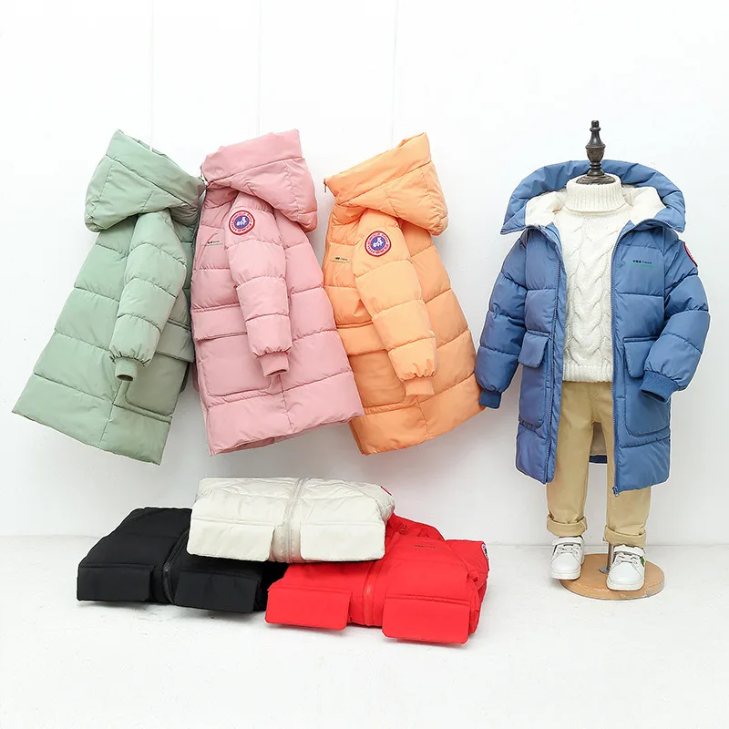 Winter teen Boys girls Jacket Long Style Solid Color Thick Keep Warm Hooded Windbreaker For 3-10 Years Kids Down Cotton Outwear