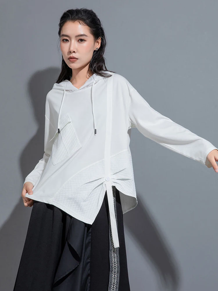 [EAM] Women White Irregular Ribbon Big Size Casual T-shirt New Hooded Long Sleeve Fashion Tide Spring Autumn 2024 1DH0999