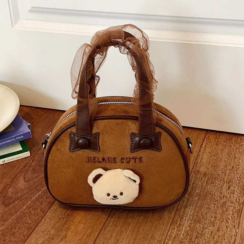 Khaki Pink Kawaii Plush Bear Brown Suede Shell Handbag Korean Soft Tulle Top Handle Crossbody Shoulder Bag PU Leather For Girls