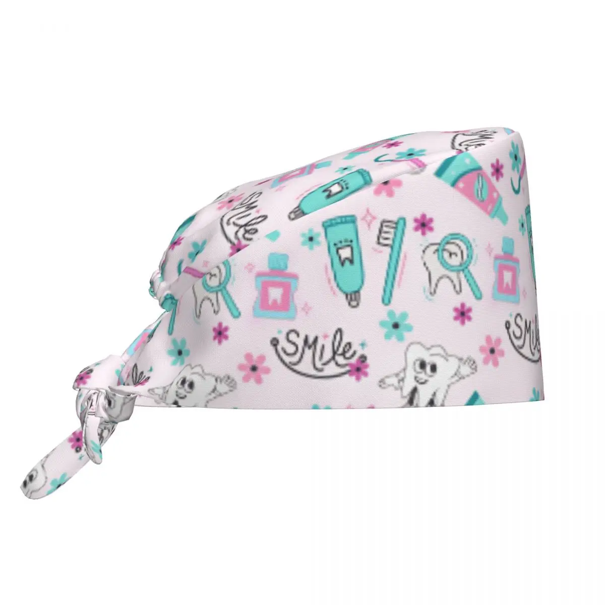 Scrub Caps Cute Dental Care Elements Pattern Protect Teeth Nurse Hats For Unisex Long Hair Working Cap Soft Elastic Medical Cap