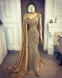 One Shoulder Gold Evening Dress Long Mermaid Sparkly Sequin Beads with Shawl Formal Prom Party Gown Special Occasions Customized