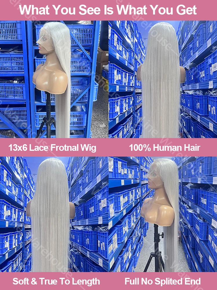 250 Density 13x6 Silver Grey Straight HD Lace Frontal Wigs Human Hair 613 Colored Lace Front Wig Brazilian For Women Pre Plucked image 3