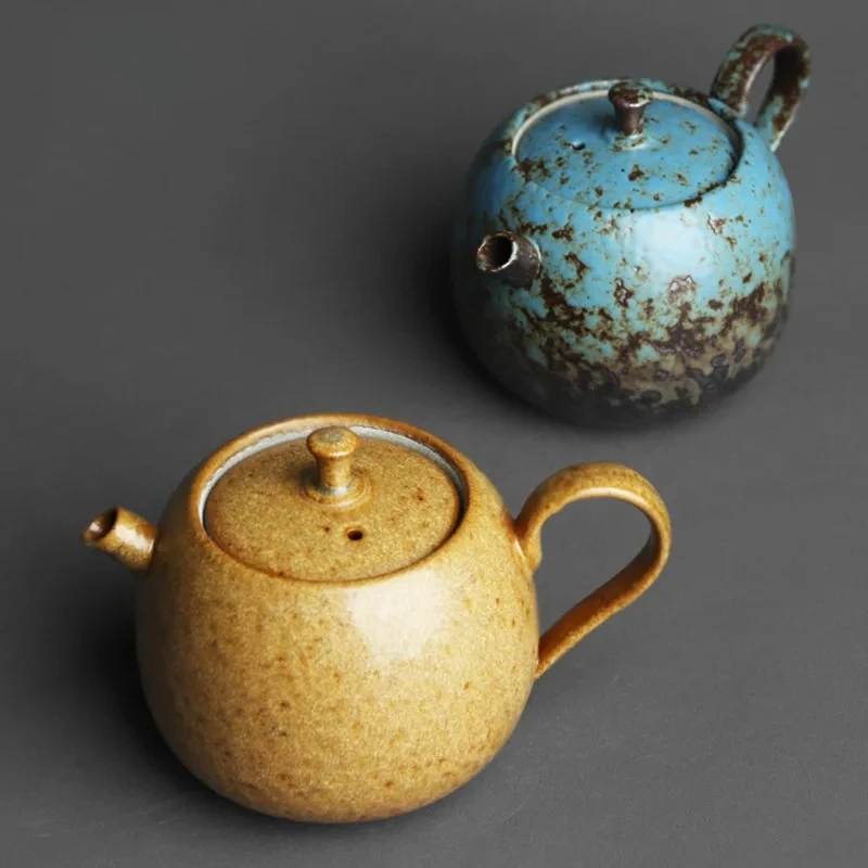 Chinese style retro stoneware persimmon shape hand-held teapot, handmade pottery kiln, personalized tea maker