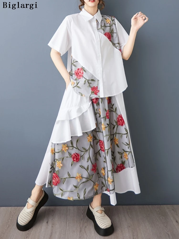 

Oversized Summer Flower Embroidery Mesh irregular Patchwork 2 Two Piece Set Women Modis Ladies Blouses Ruffle Loose Woman Skirts
