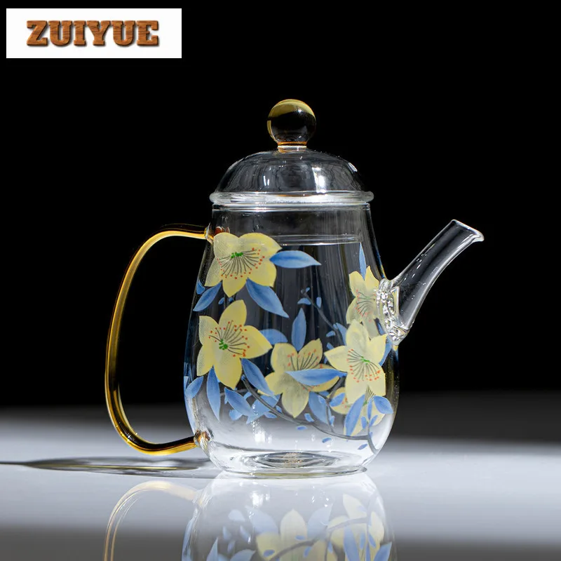 

170ml Glass Hand Painted Lily Teapot Luxury Tea Infuser Pot Household Tea Maker Kettle With Strainer Dahongpao Cafes Collection