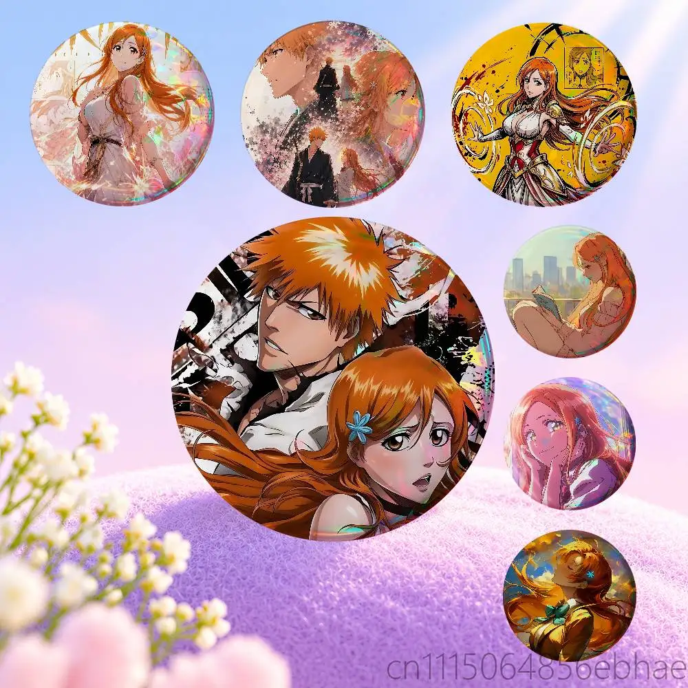 FOR BLEACH Orihime Inoue Round Exquisite Laser Badge Brooches Creative Pins For Clothes Hat Backpack Gift Accessories