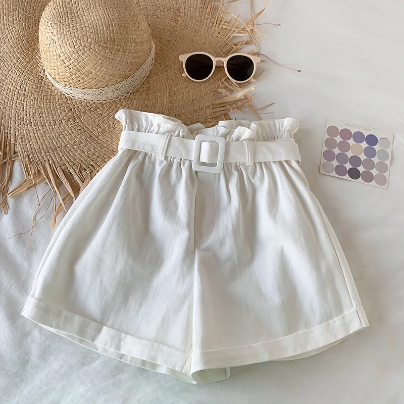 Solid High Waisted Casual Shorts Women Summer A-line Sweet Short Pants Female Fashion Belt Simple All-match Lady Bottoms