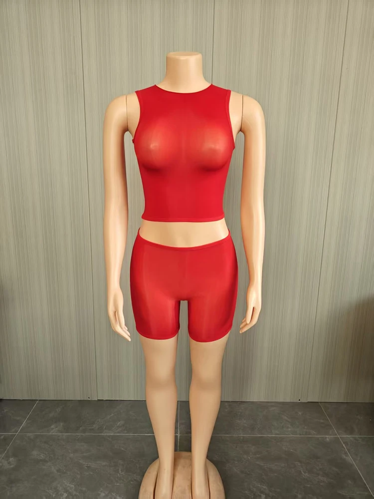 Damen 2-teiliges Mesh-Outfit, ärmelloses, durchsichtiges Crop-Top + Shorts-Set, sexy, durchsichtige, ärmellose, figurbetonte Clubwear, passende Sets – Detail 7